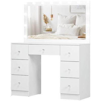 HOMCOM Makeup Vanity Table, Dressing Table with Mirror and Lights, Modern Makeup Table with 7 Drawers and 10 LED Lights, White 