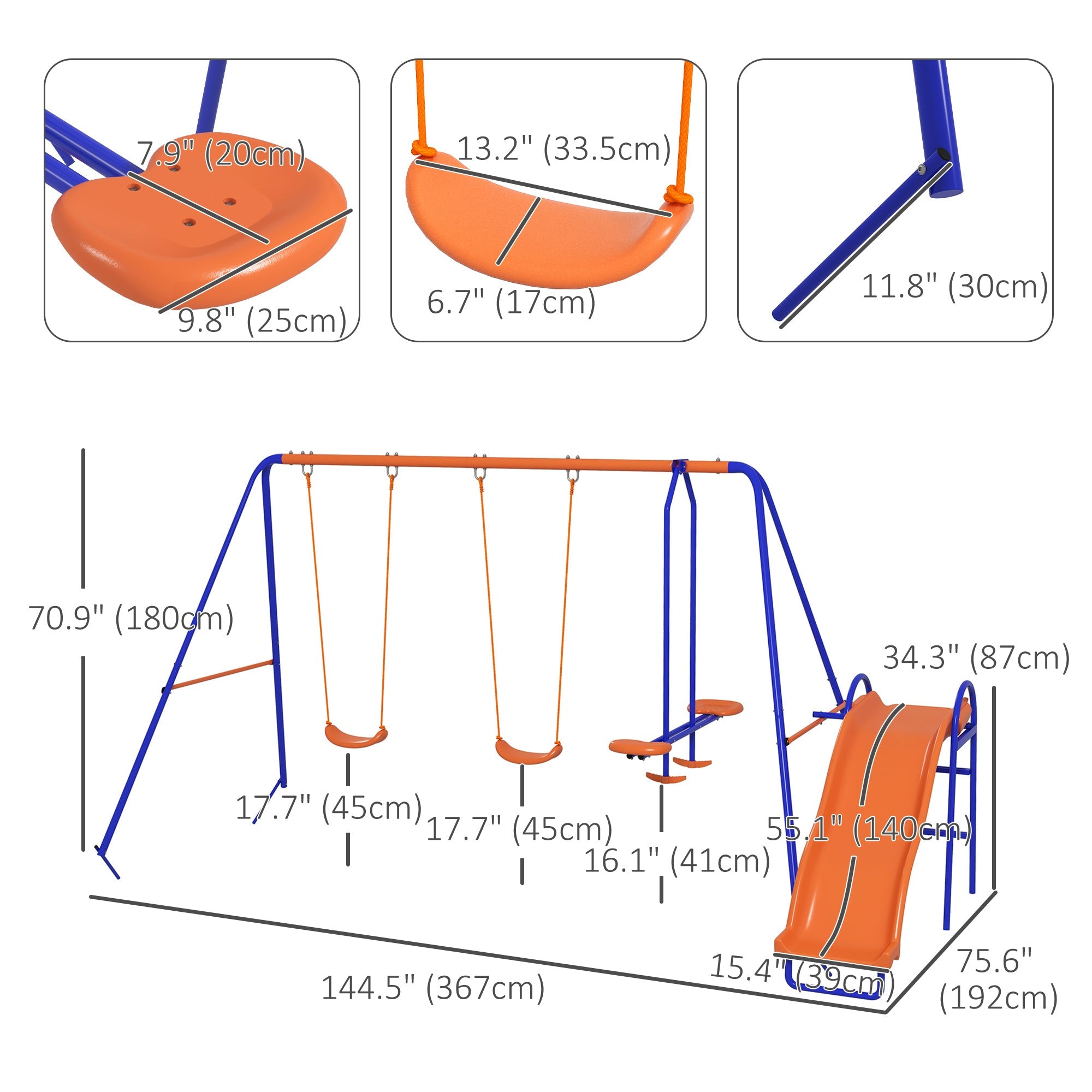 Outsunny 4 in 1 Colorful Metal Swing Set with Double Swings, Glider, Slide, Ladder for Fun Backyard Play 