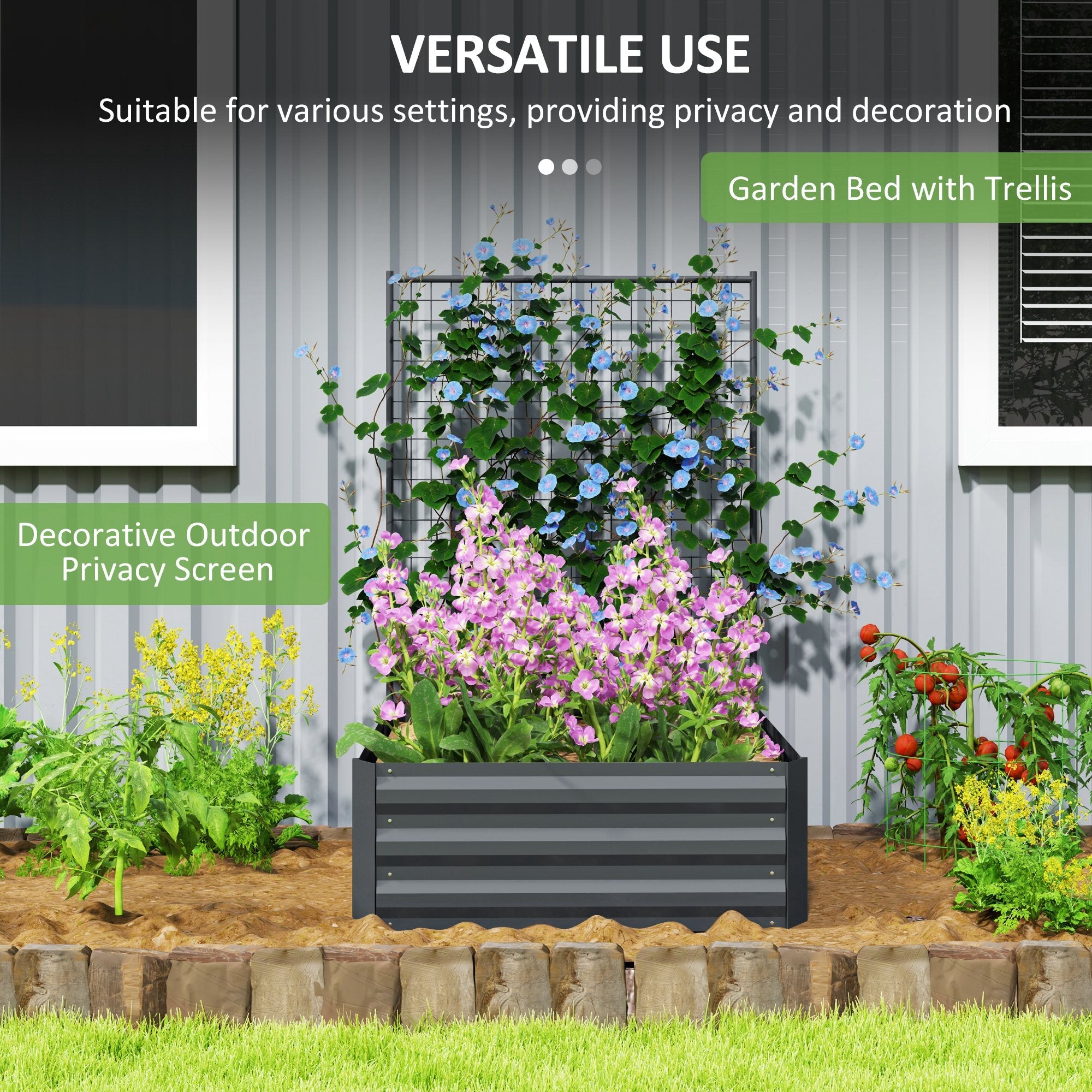 Outsunny Galvanized Raised Garden Bed with Trellis for Climbing Plants, Outdoor Planter Box with Open Bottom, Dark Grey 