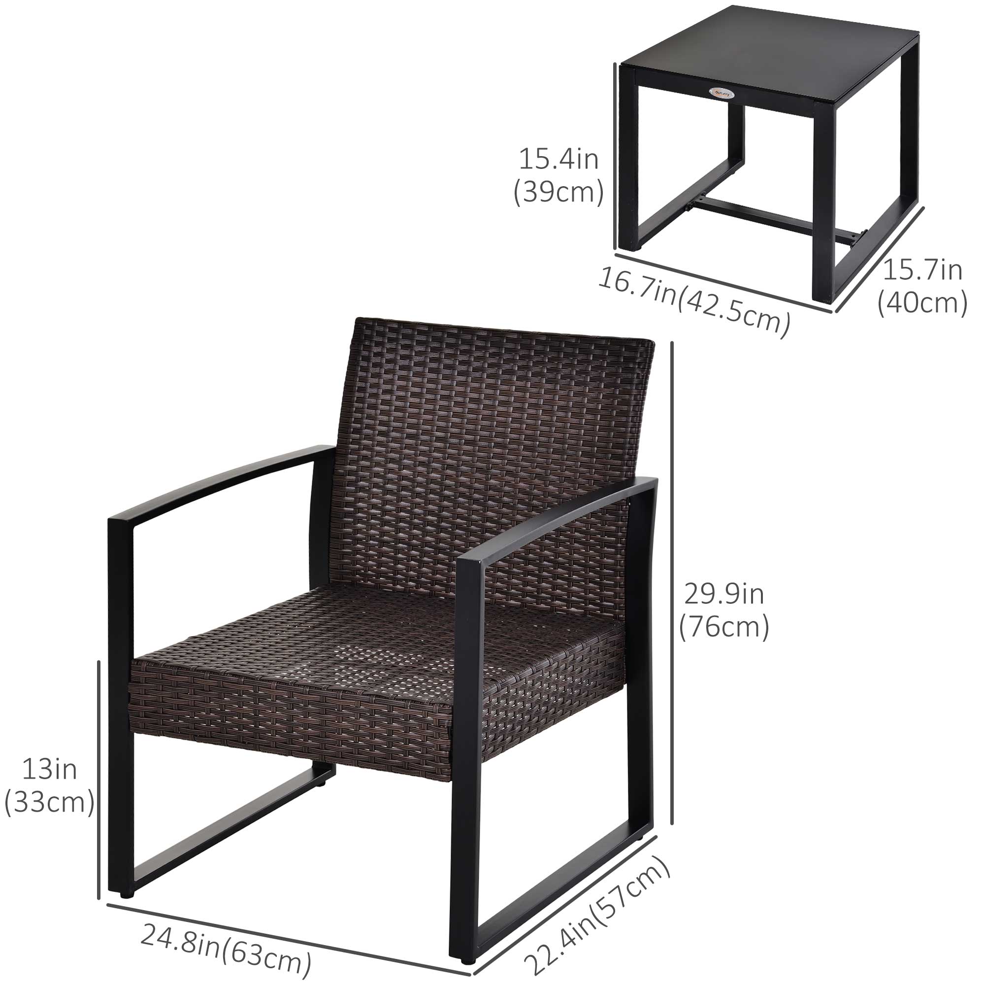 Outsunny 3PC Patio Bistro Set - Rattan Garden Furniture with Cushioned Chairs & Tea Table, Brown/White 