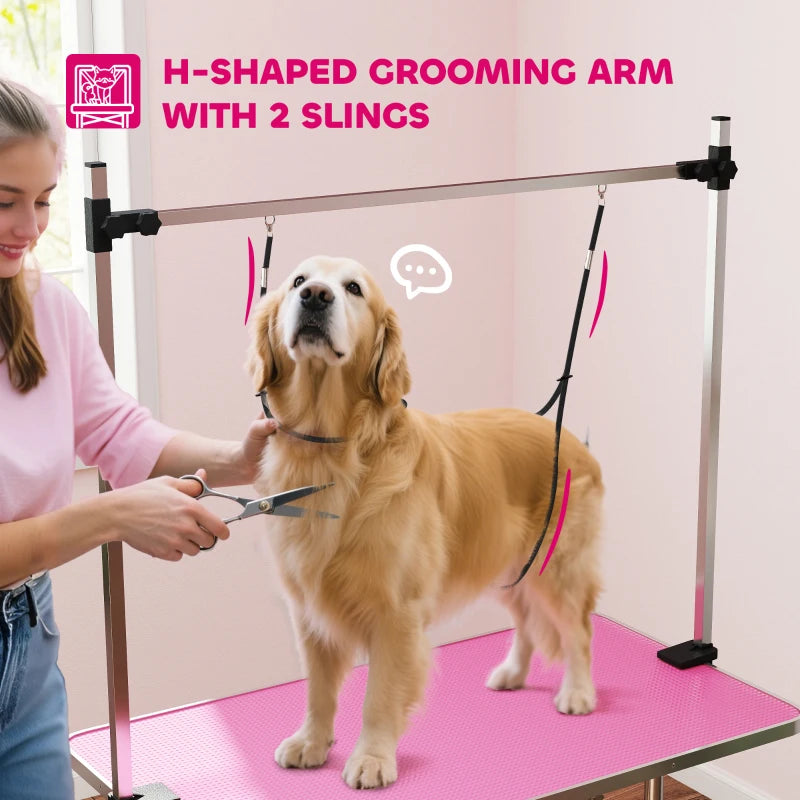 Adjustable Dog Grooming Table with 2 Safety Slings, Storage Basket, Pink