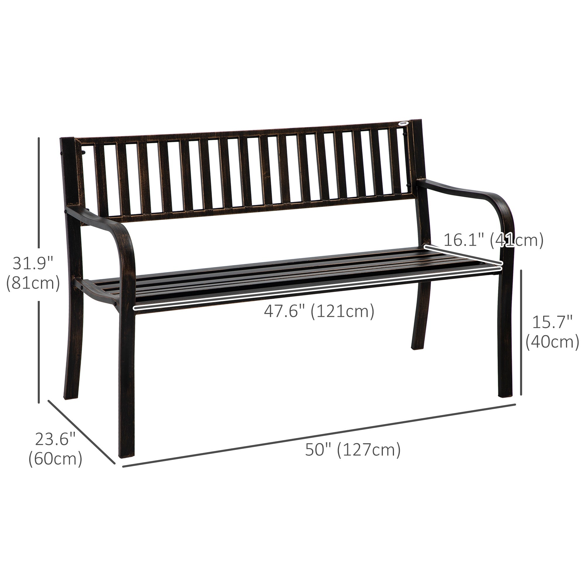 Outsunny Steel Garden Bench 50" Patio Metal Park Chair Ergonomic Design Brown 