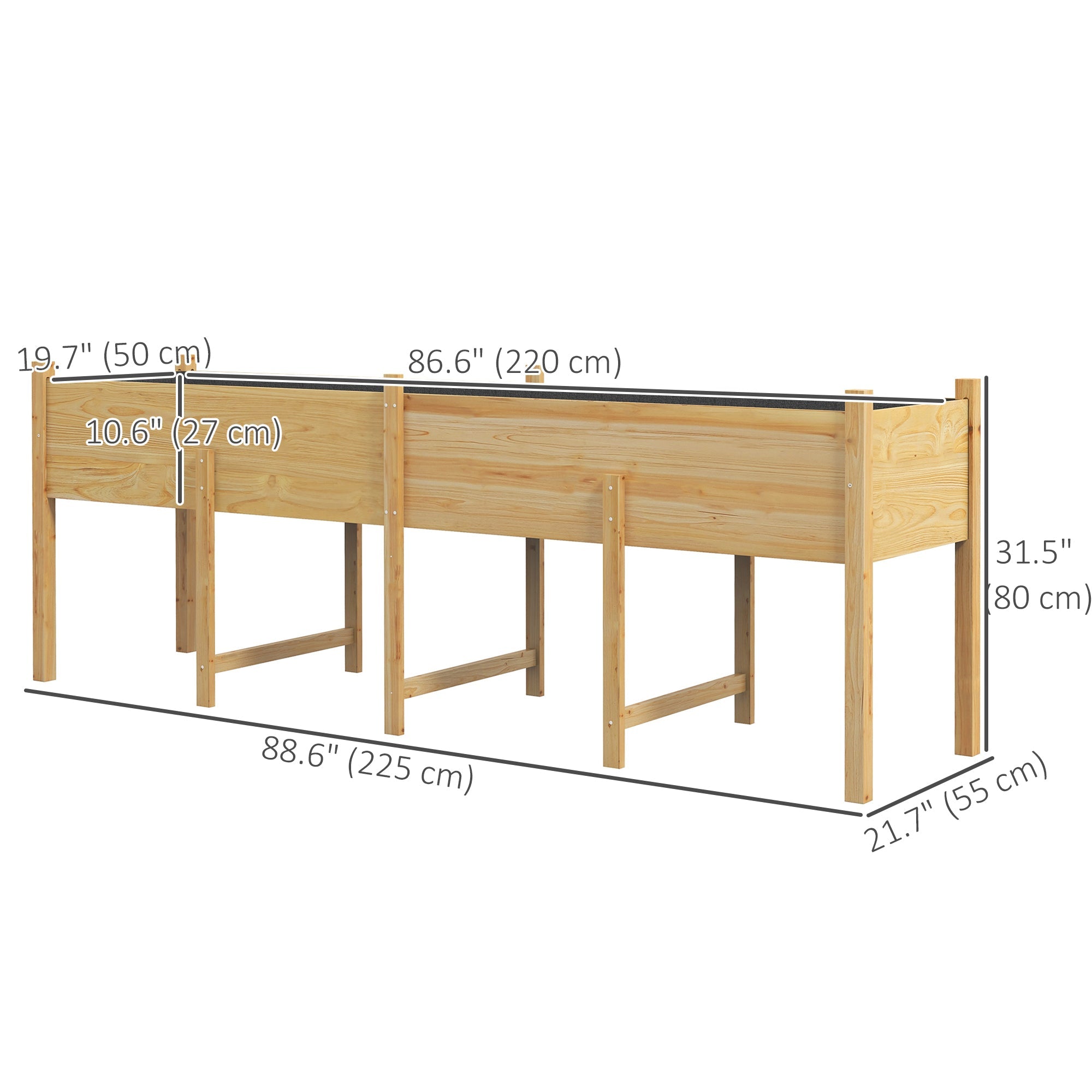 Outsunny Wooden Raised Garden Bed Planter, Large Elevated Planter Box with Legs, Bed Liner and Drain Holes, 7.4' x 1.8' x 2.6' 