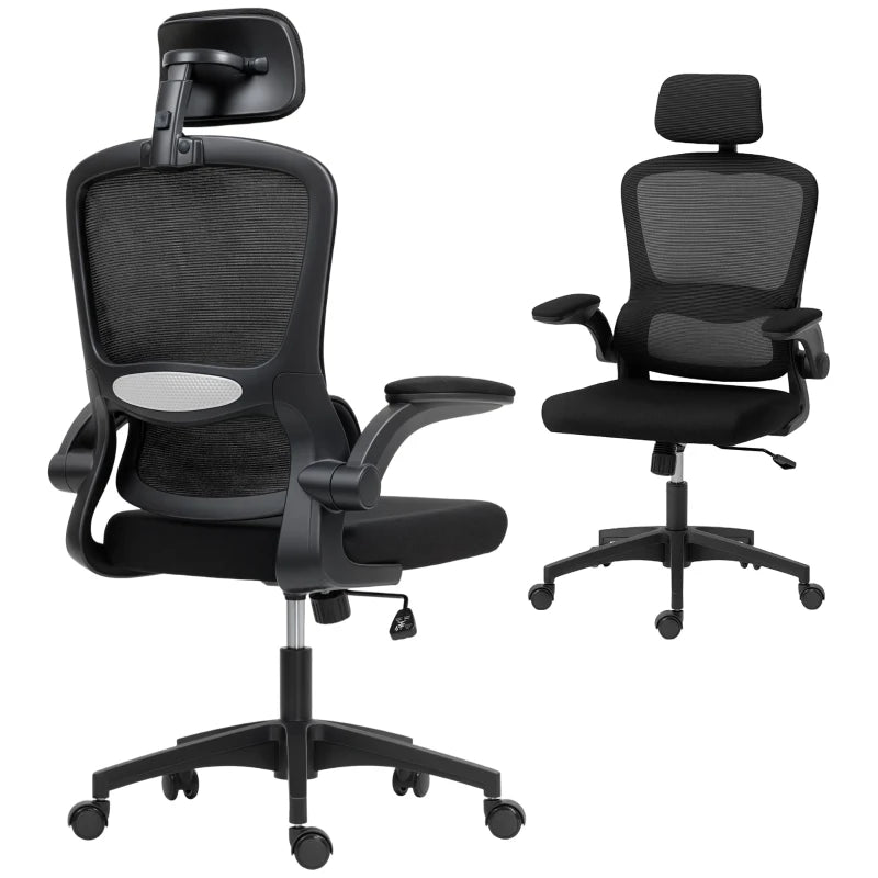 Ergonomic Mesh Office Chair, High Back Desk Chair with Rotatable Headrest, Flip-Up Armrests, Lumbar Support, Black