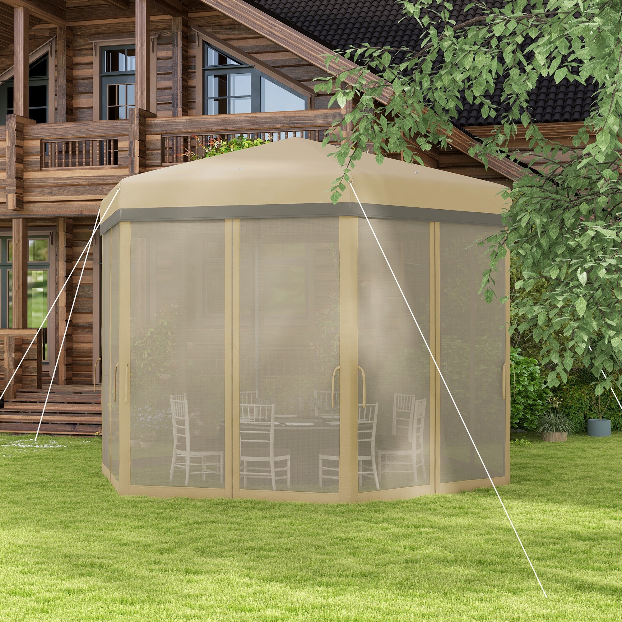 Outsunny 12'x12' Pop Up Canopy, Hexagon Gazebo with Netting, Carry Bag, Height Adjustable Instant Shelter, Khaki 