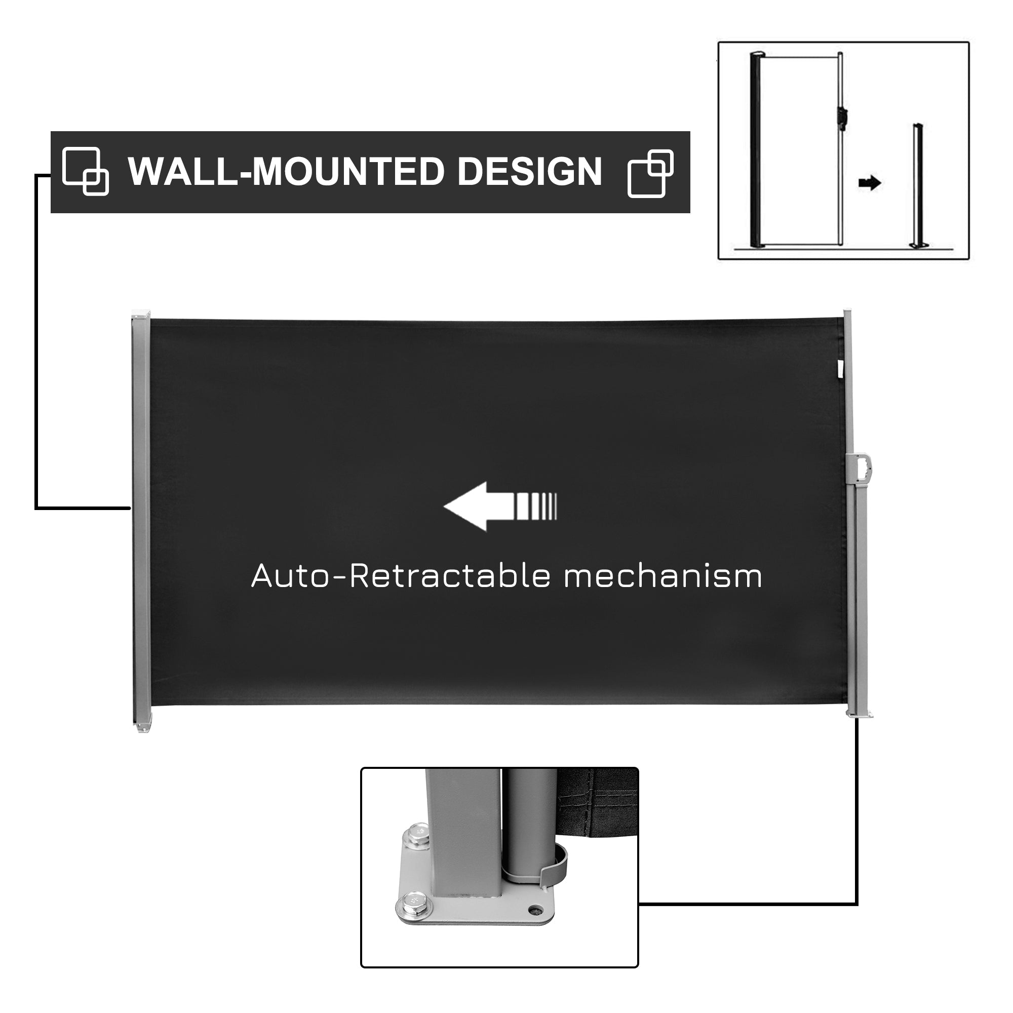 Outsunny Retractable Sidescreen: 118" x 71" UV Wind Resistant Outdoor Privacy Panel for Folding Patio, Black 