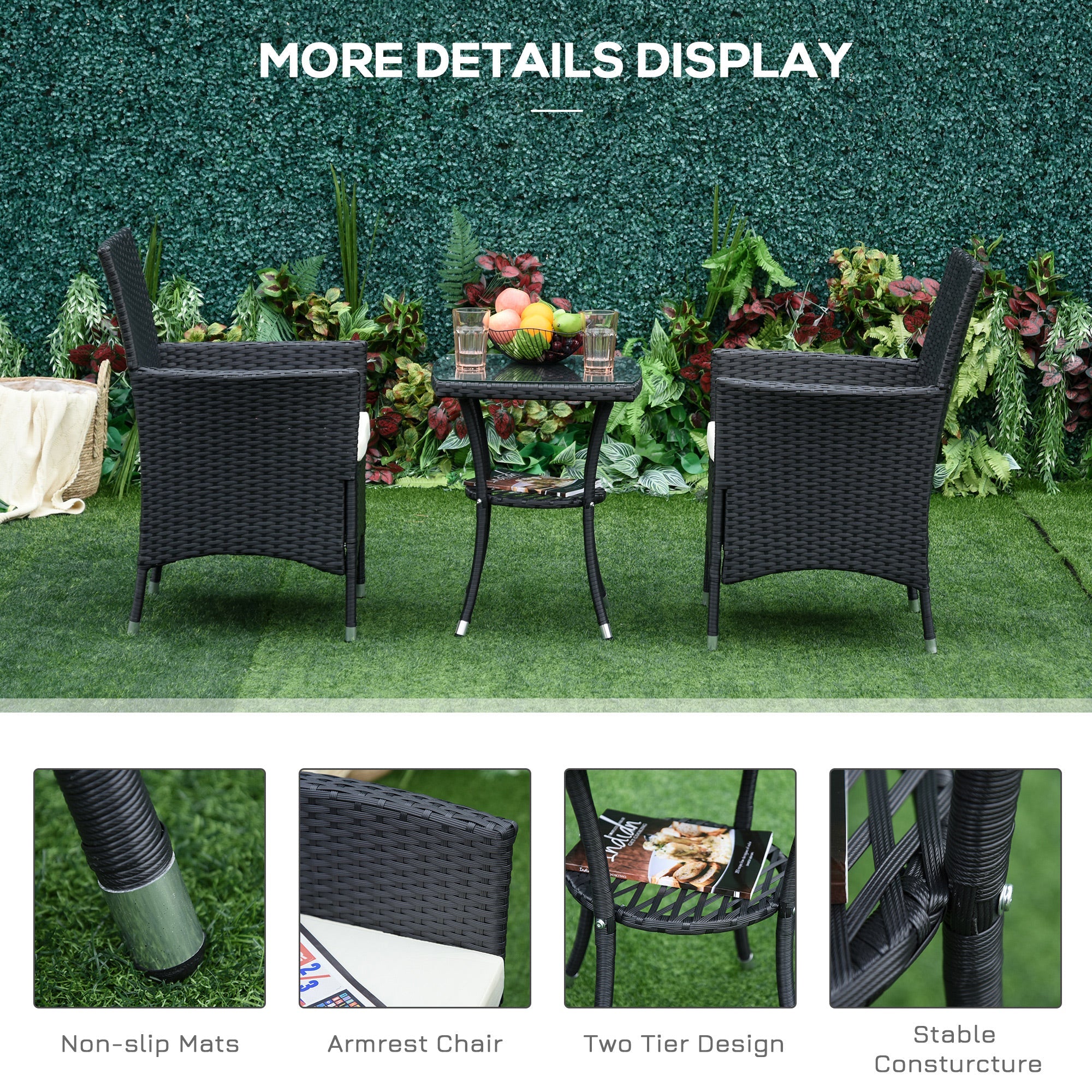 Outsunny 3PC Patio Bistro Set Outdoor Rattan Furniture Two Armchairs Glass Top Coffee Table Porch Black 