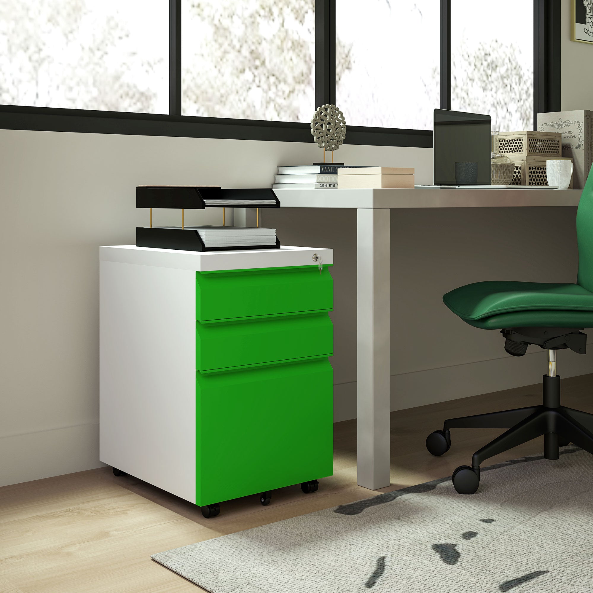 Vinsetto 3 Drawer Filing Cabinet, Lockable Office Storage Cabinet on Wheels for Legal, Letter, A4 Files, Green 