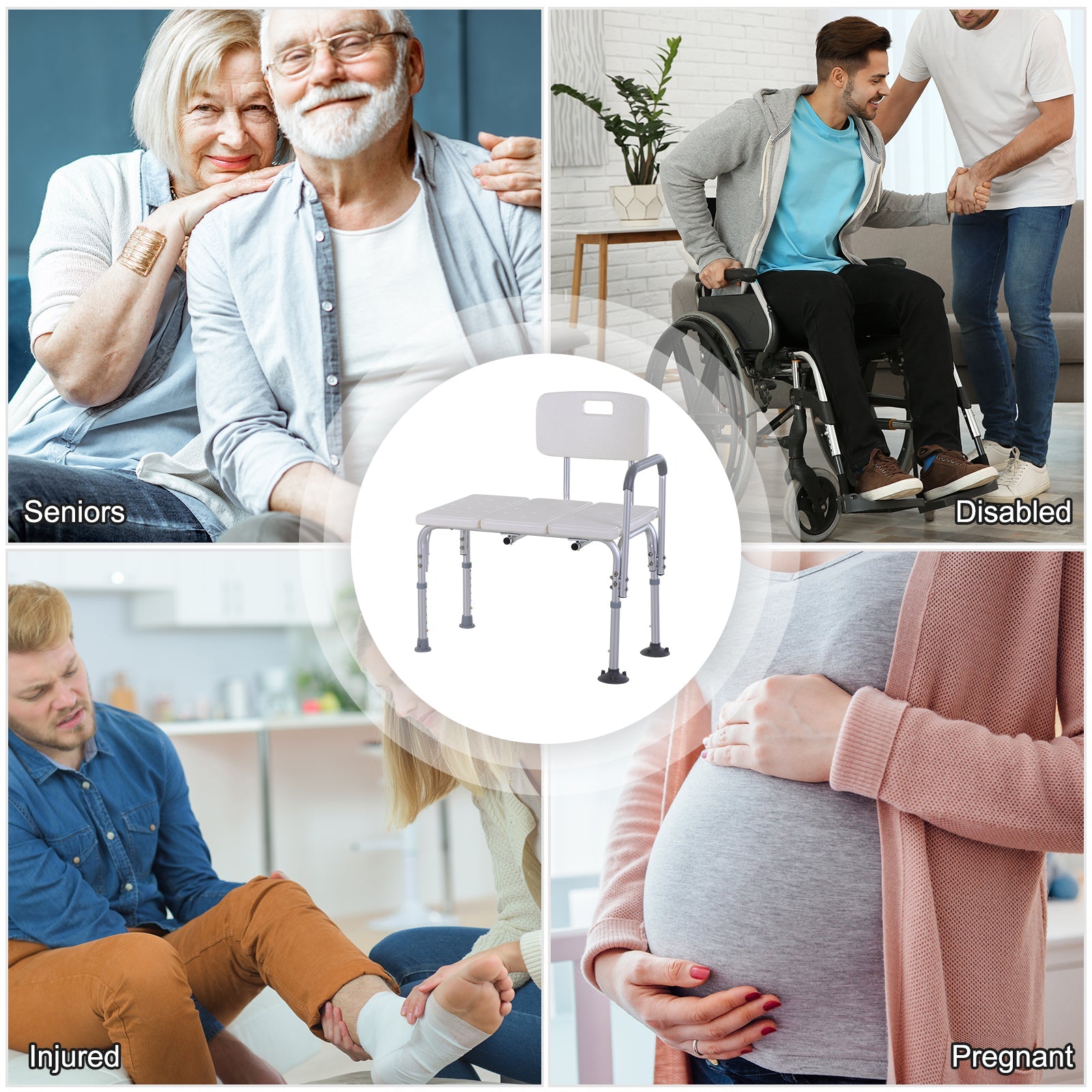 HOMCOM 6-Level Adjustable Bath and Shower Transfer Bench Aluminum Chair with Non-Slip Feet, Armrest & Backrest, White 