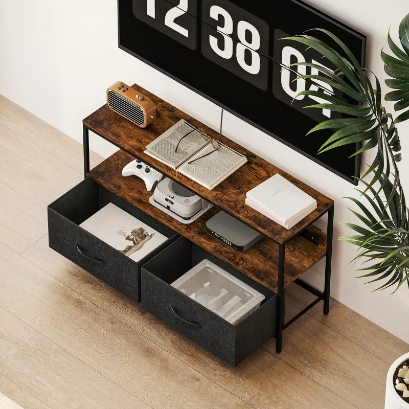 TV Stand with Charging Station, TV Table with 2 Foldable Linen Drawers and Open Shelf for 47 Inch TV, Rustic Brown