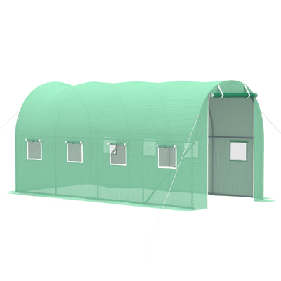 Outsunny Walk-in Tunnel Greenhouse, 13 x 6.4 x 6.5 ft Hoop House with Zipped Roll-Up Door and 8 Mesh Windows, Outdoor Greenhouse with Galvanised Steel Frame, Green 