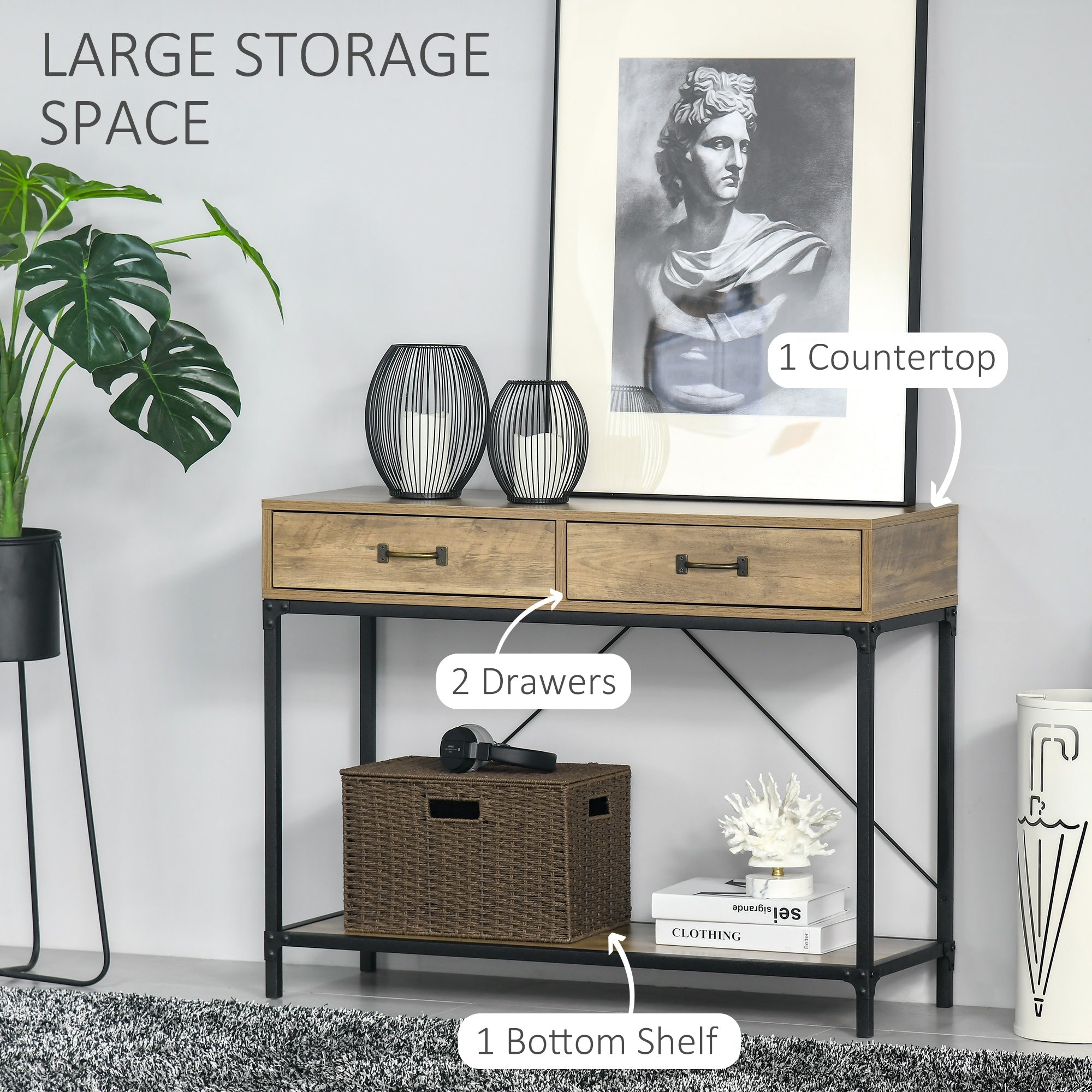 HOMCOM Vintage Console Table: Sofa Table with Storage Drawers & Shelf, Living Room/Entryway/Bedroom, Brown 