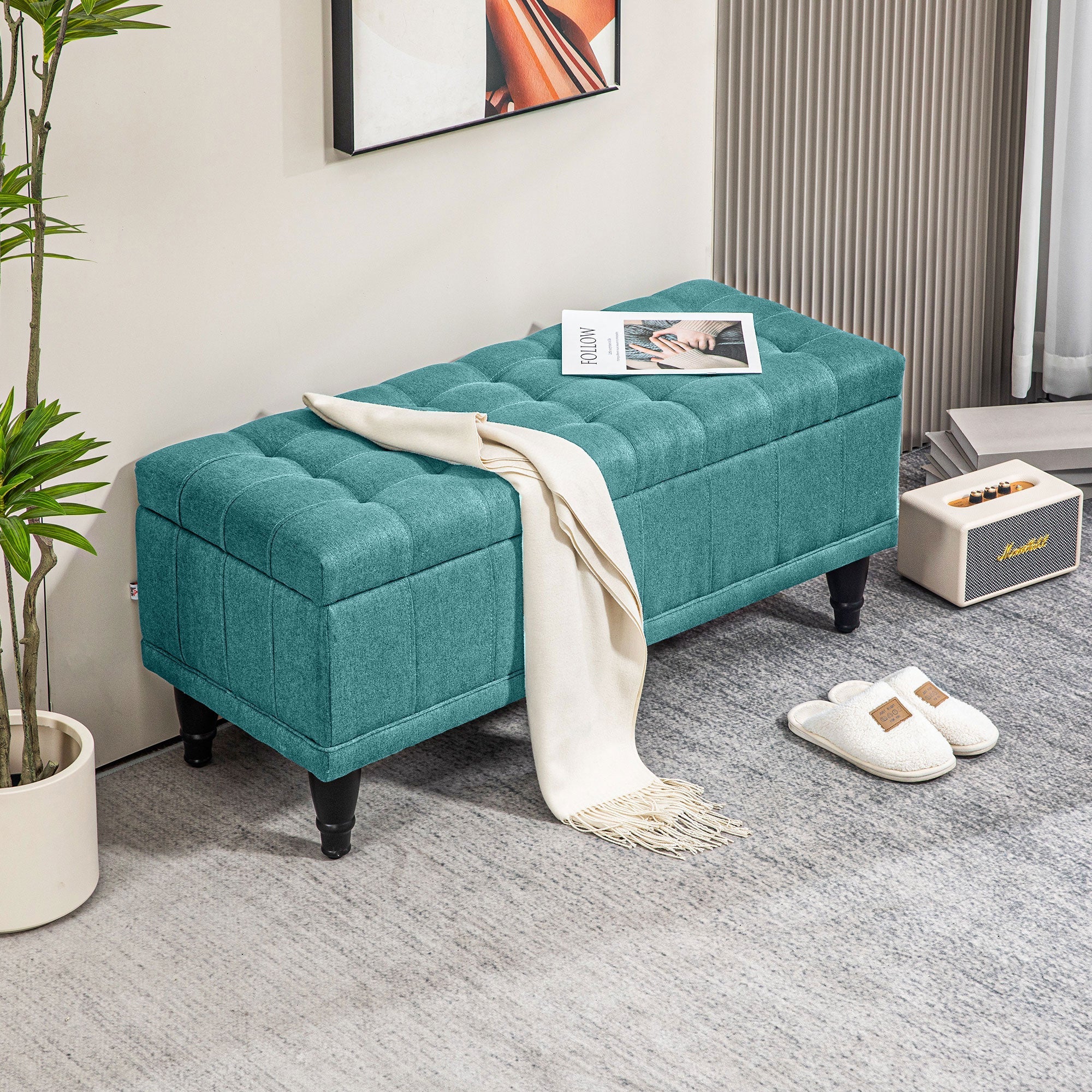 HOMCOM Storage Ottoman Linen Fabric End of Bed Bench with Button Tufted Storage for Bedroom Green 