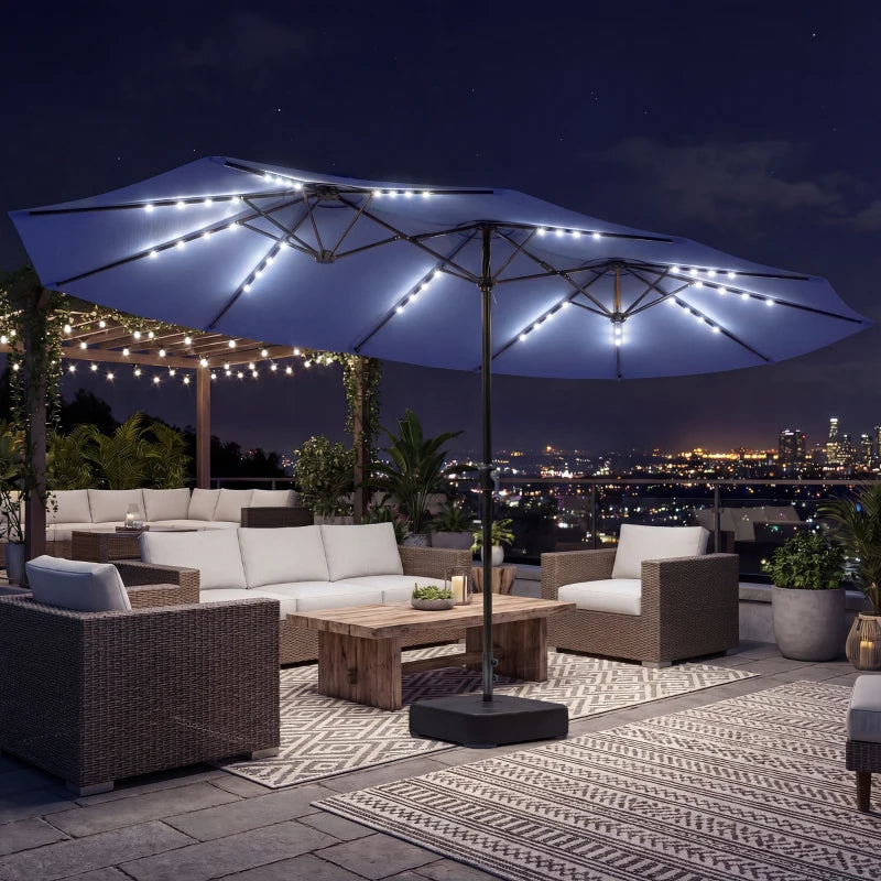 Double-sided Patio Umbrella with Base Included & 48 LED Lights 15ft Dark Blue