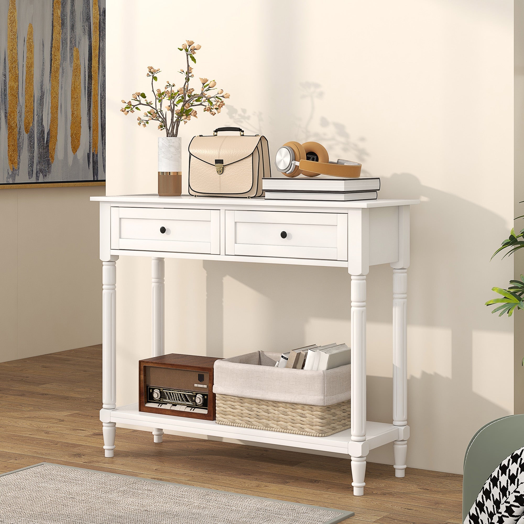 HOMCOM Hallway Console Table Modern Entryway 2 Drawers Storage Shelf Turned Legs Living Room Bedroom White 