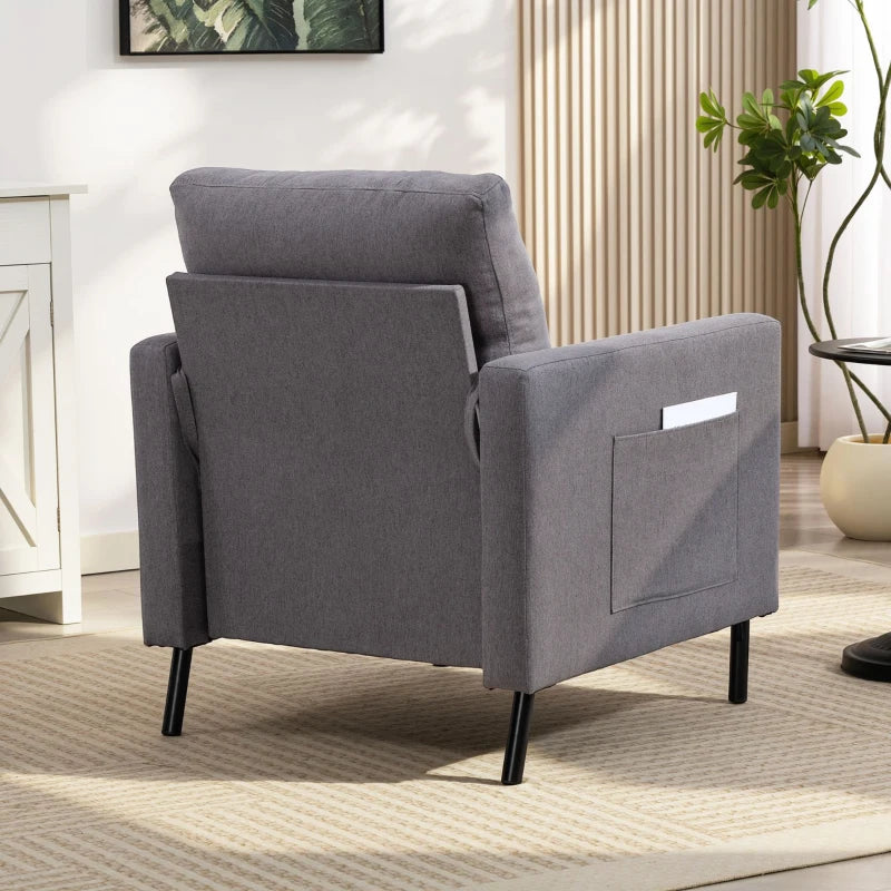 Accent Chair Modern Upholstered Armchair with Side Pockets and Cushion for Bedroom, Living Room, Dark Grey