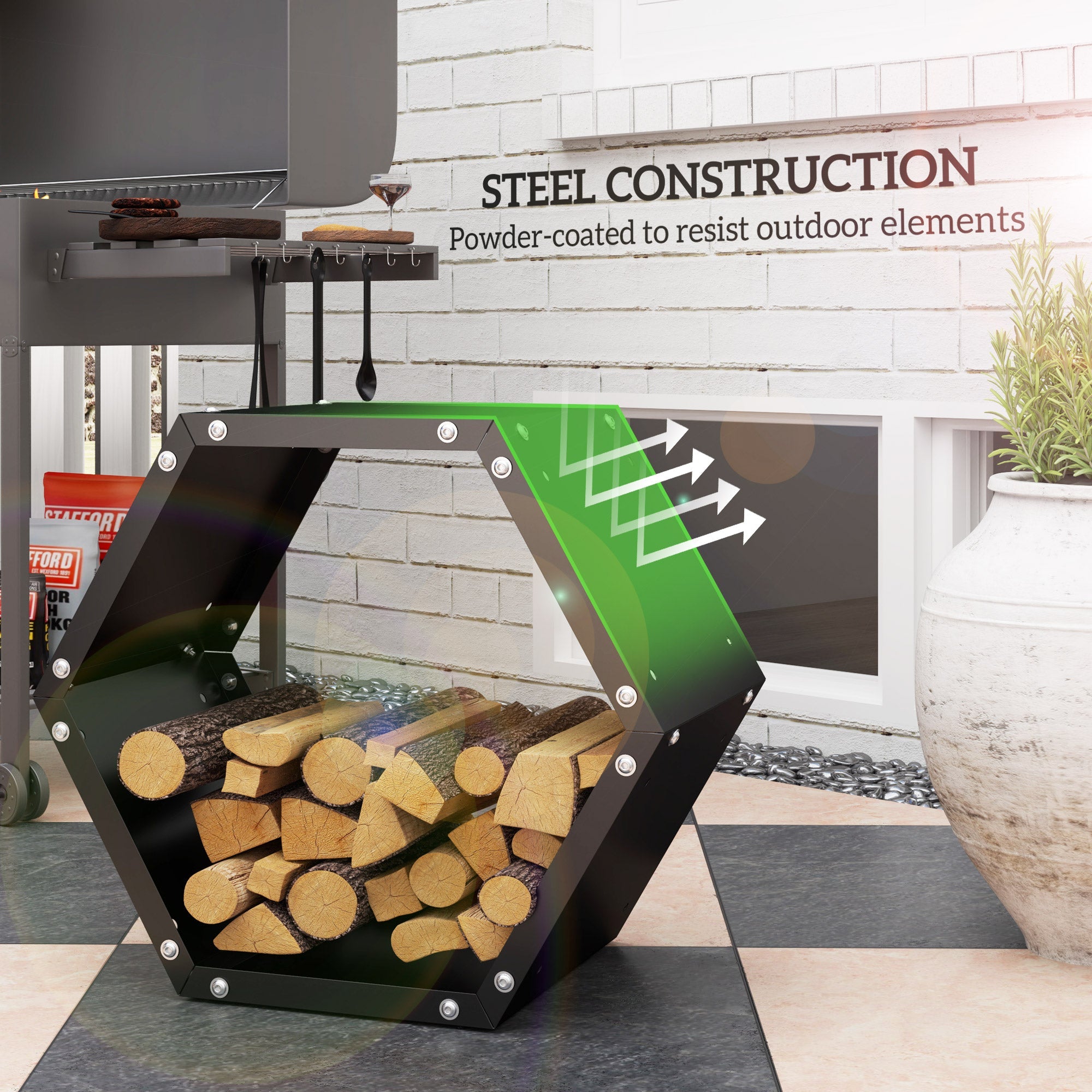 Outsunny Hexagon Firewood Log Rack Heavy-Duty Steel Log Holder for Outdoor Indoor Use, 25.6" x 14.6" x 22.4", Black 