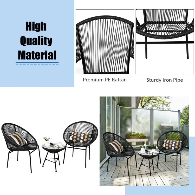 3PCS Patio Acapulco Furniture Bistro Set with GlassTable-Black