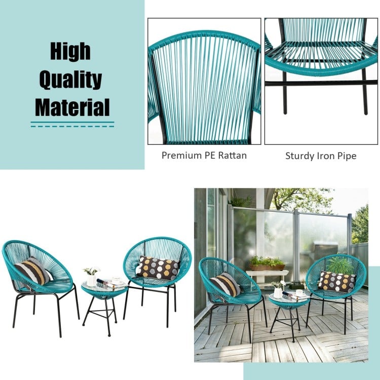 3PCS Patio Acapulco Furniture Bistro Set with GlassTable-Turquoise