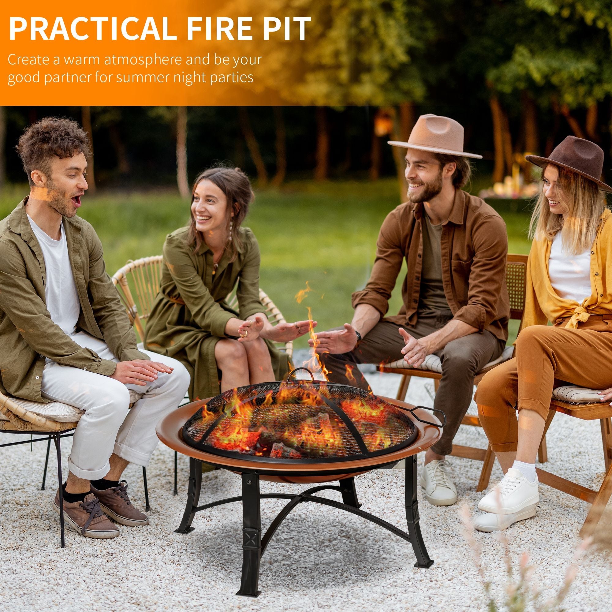 Outsunny 30" Outdoor Fire Pit Bowl, Round Fire Pit with Lid, Log Grate, Poker for Backyard, Camping, Picnic, Bronze 