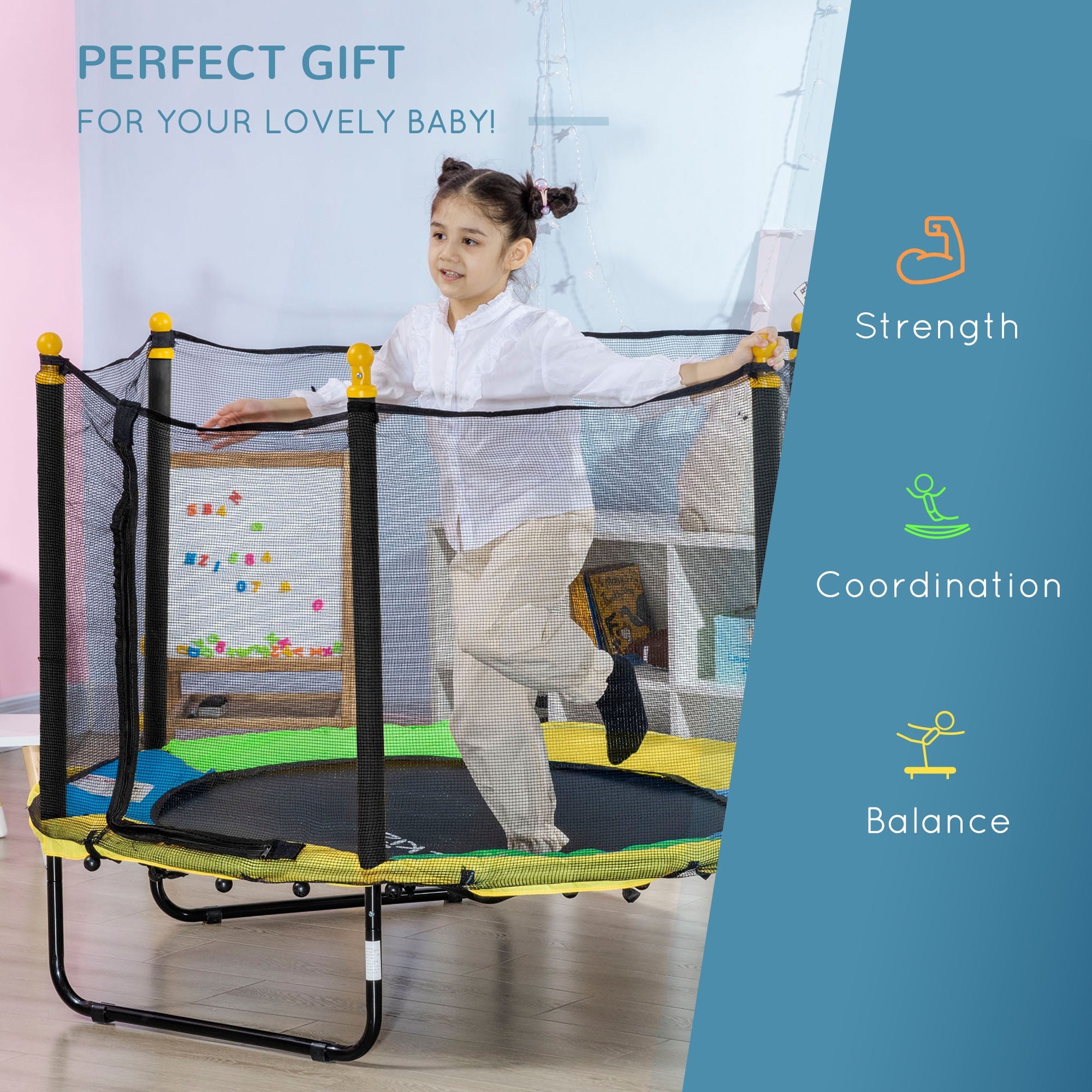 Qaba 4.6FT Trampoline for Kids with Enclosure Net for Ages 3-10, Indoor Outdoor Use, Black 
