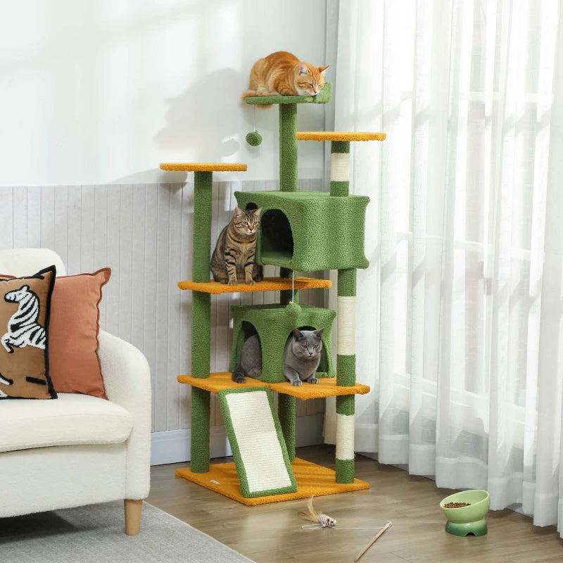 54" Cat Tree, Multi-Level Cat Tower with Scratching Posts, Cat Condos, Bed, Platforms, Ramp, Toy Ball, Green