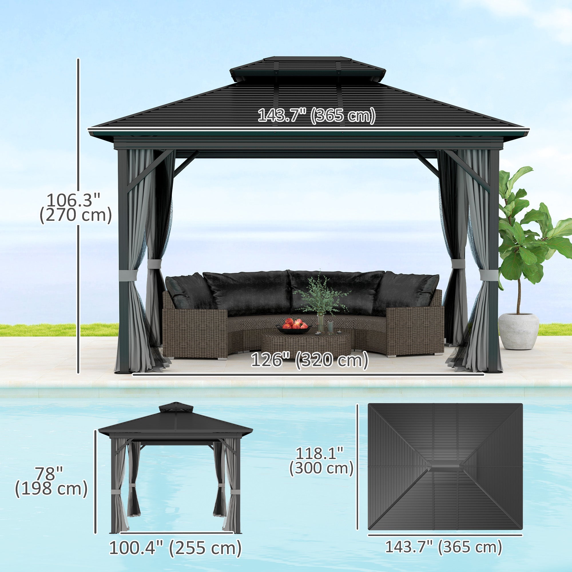 Outsunny 10 x 12ft Canopy Tent, Hardtop Gazebo with 2-Tier Metal Roof & Hanging Hooks for Outdoor Leisure, Light Grey 