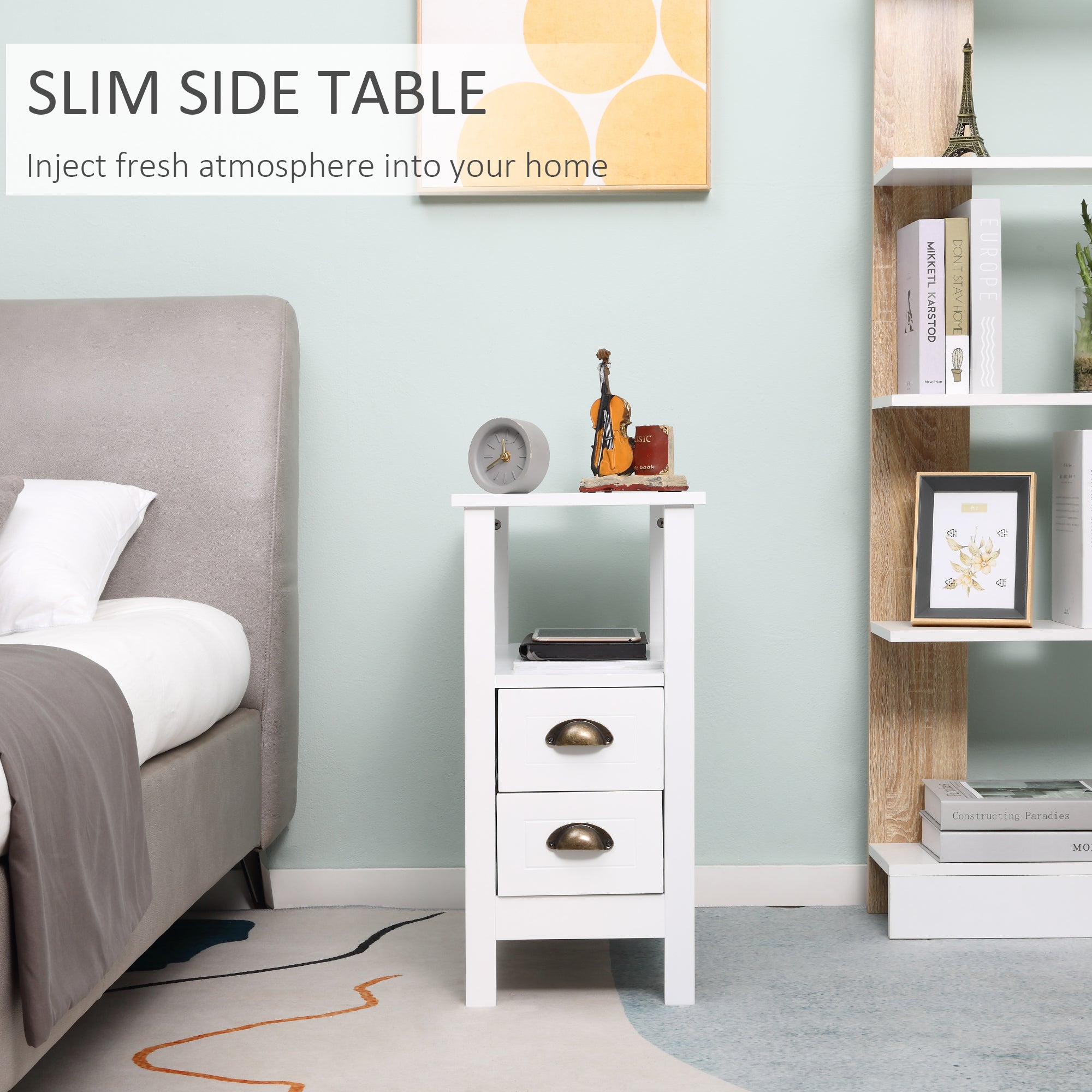 HOMCOM Slim End Table: White with 2 Drawers & Storage Shelf for Compact Living Room & Bedroom Spaces 