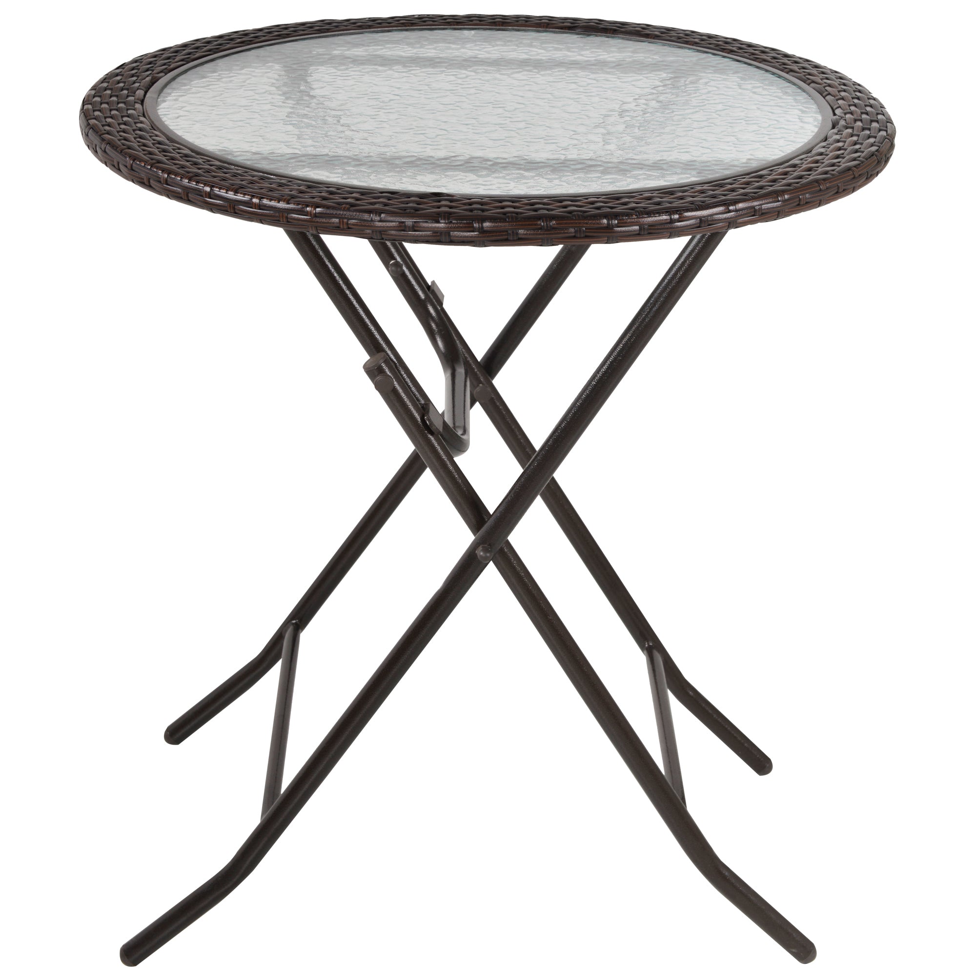 Outsunny Folding Round Table Tempered Glass Metal with Rattan Edging Brown 
