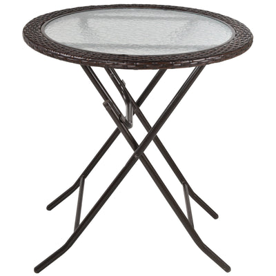 Outsunny Folding Round Table Tempered Glass Metal with Rattan Edging Brown 