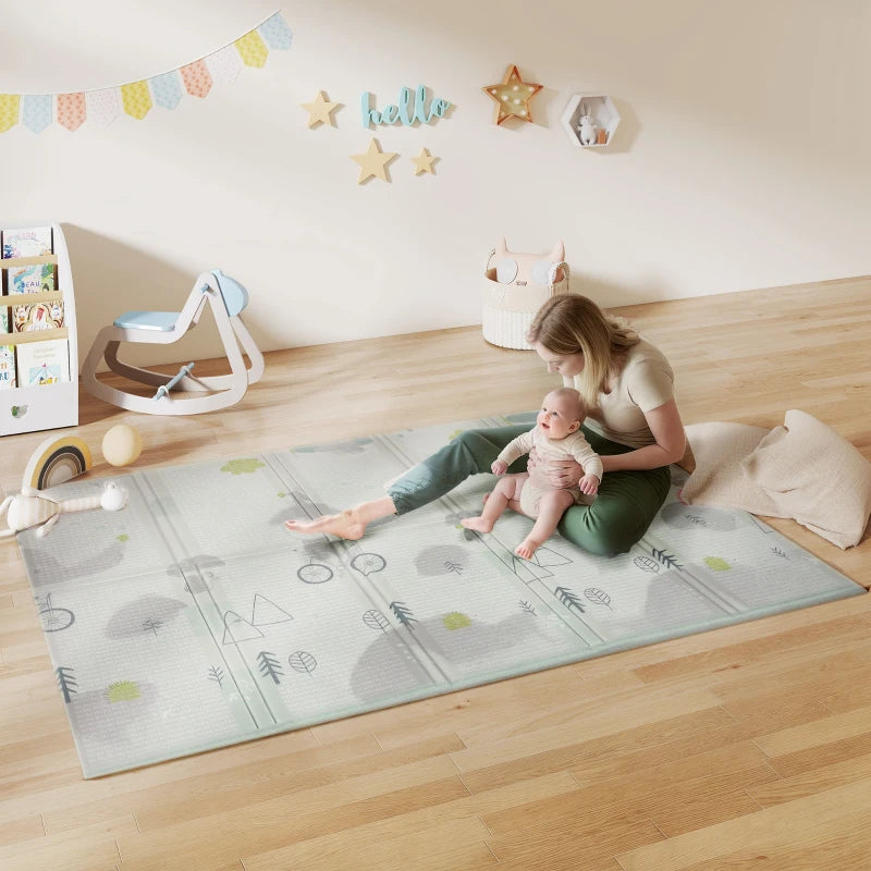 Qaba Foldable Baby Plat Mat, 79" x 59" Kids Floor Mat for Crawling and Learning, Track & Elephant Theme