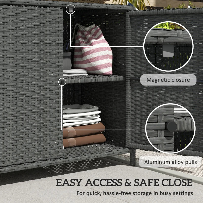 Wicker Outdoor Storage Cabinet Double Magnetic Doors, PE Rattan Outdoor Towel Rack for Pool, Patio, Dark Grey