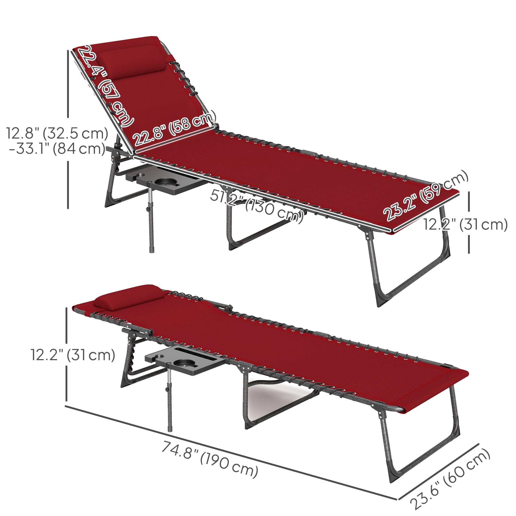 Outsunny Outdoor Folding Lounge Chair, Reclining Chaise Lounge Tanning Chair with Adjustable Back, Side Table, Headrest, Red 