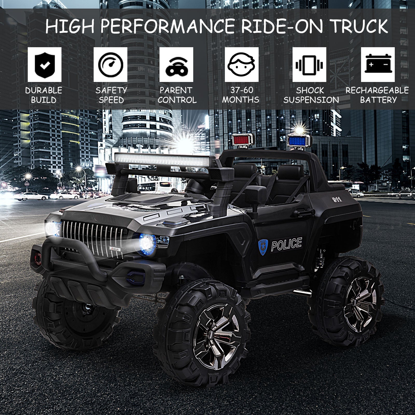 Aosom 12V Kids Police Truck Ride-On Car RC 2-Seater with LED Lights MP3 Parental Remote Control Black 
