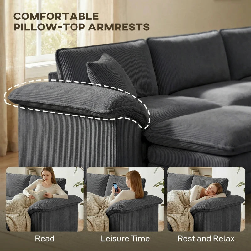 HOMCOM L-Shaped Sectional Sofa with Deep Seats, Movable Ottoman & Pillow-Top Armrests, Contemporary Corduroy Couch – Blue
