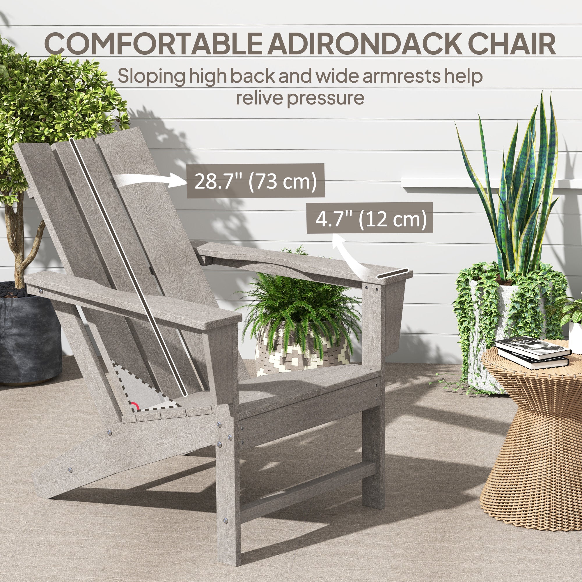 Outsunny HDPE Plastic Adirondack Chair, Muskoka Chair with High Back and Wide Armrests for Fire Pit, Patio, Porch, Dark Grey 