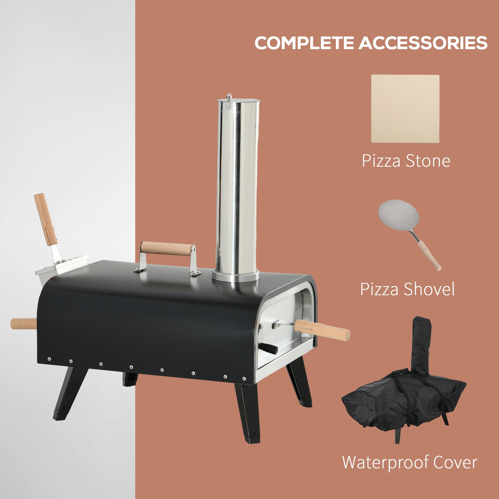 Outsunny Wood Fired Pizza Oven Stainless Steel Pizza Maker with Foldable Legs and Waterproof Cover, Black 