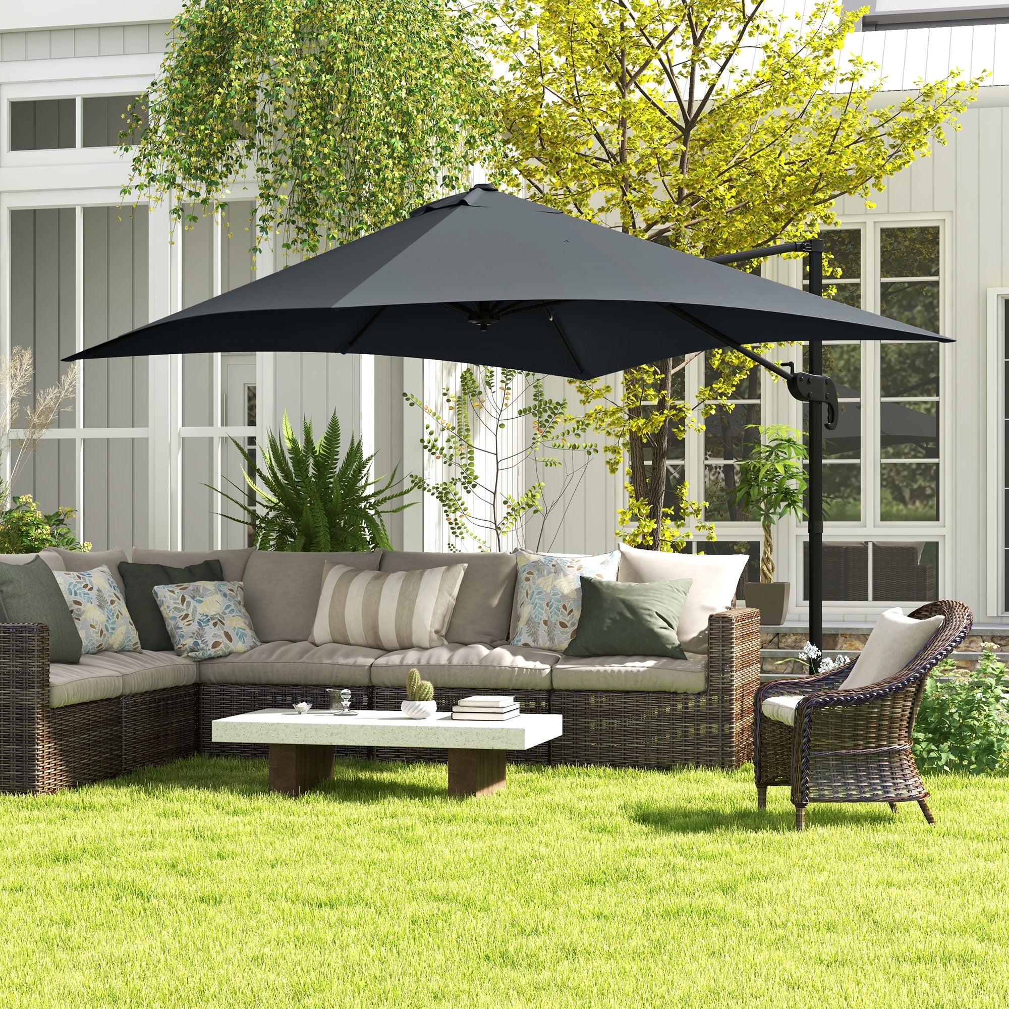 Outsunny 10x10ft Cantilever Umbrella Square Market Parasol Adjustable Outdoor Patio Shade Dark Grey Rotatable 