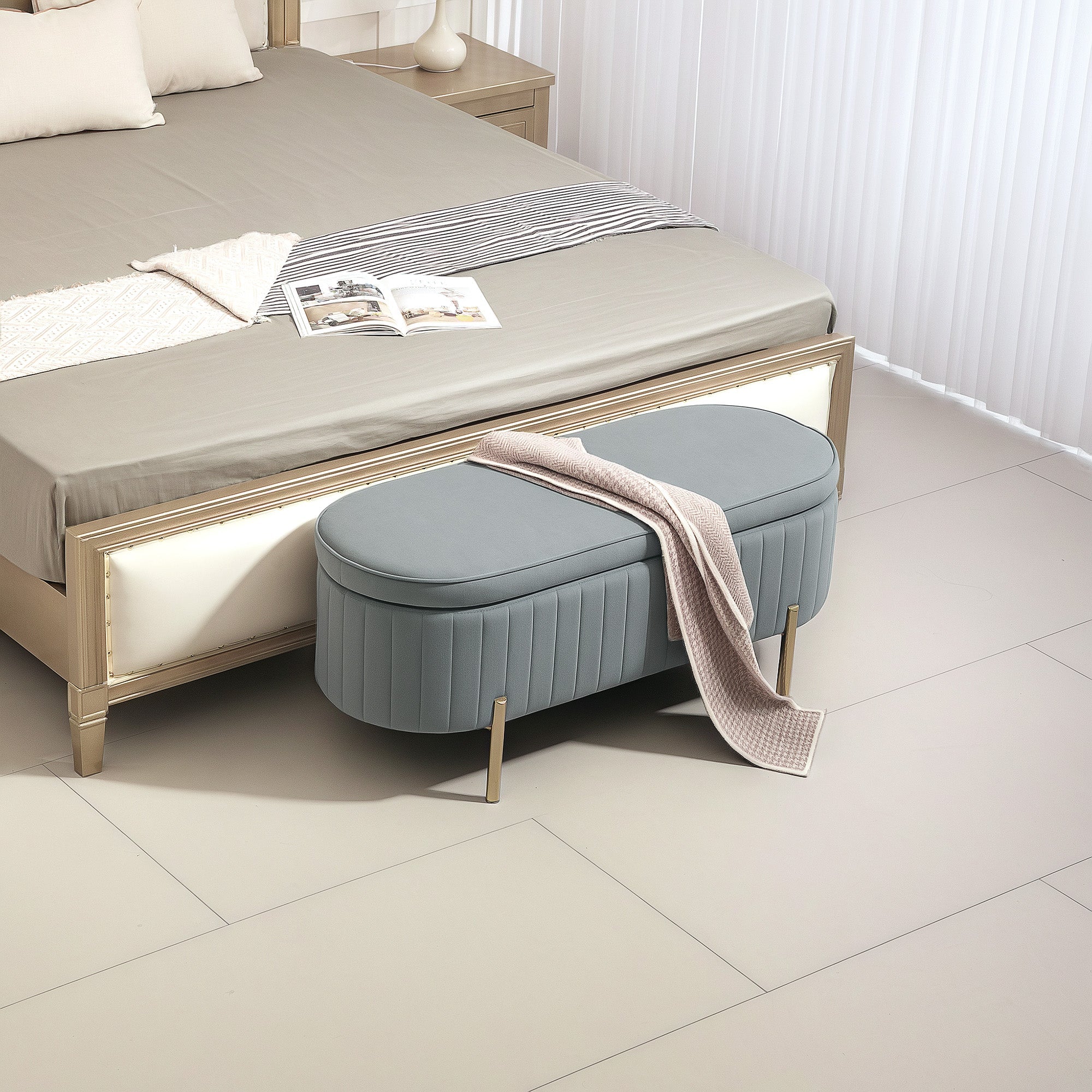 HOMCOM Upholstered Bedroom Bench, Channel Tufted Ottoman Bench with Thick Padding and Metal Legs, Grey 