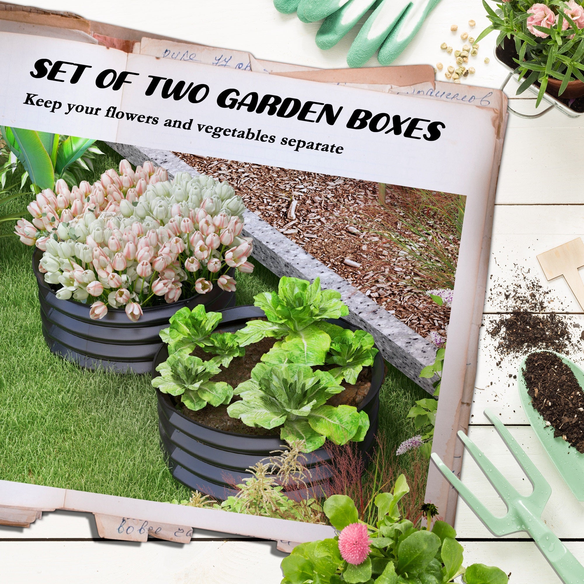 Outsunny Set of 2 Raised Garden Bed, Metal Planter Box with Safety Edging, Easy-to-assemble Stock Tank, Dark Grey 