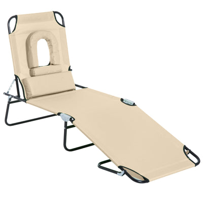 Outsunny Outdoor Lounge Chair Garden Folding Chaise with Adjustable Backrest Reading Hole Support Pillow Beige 