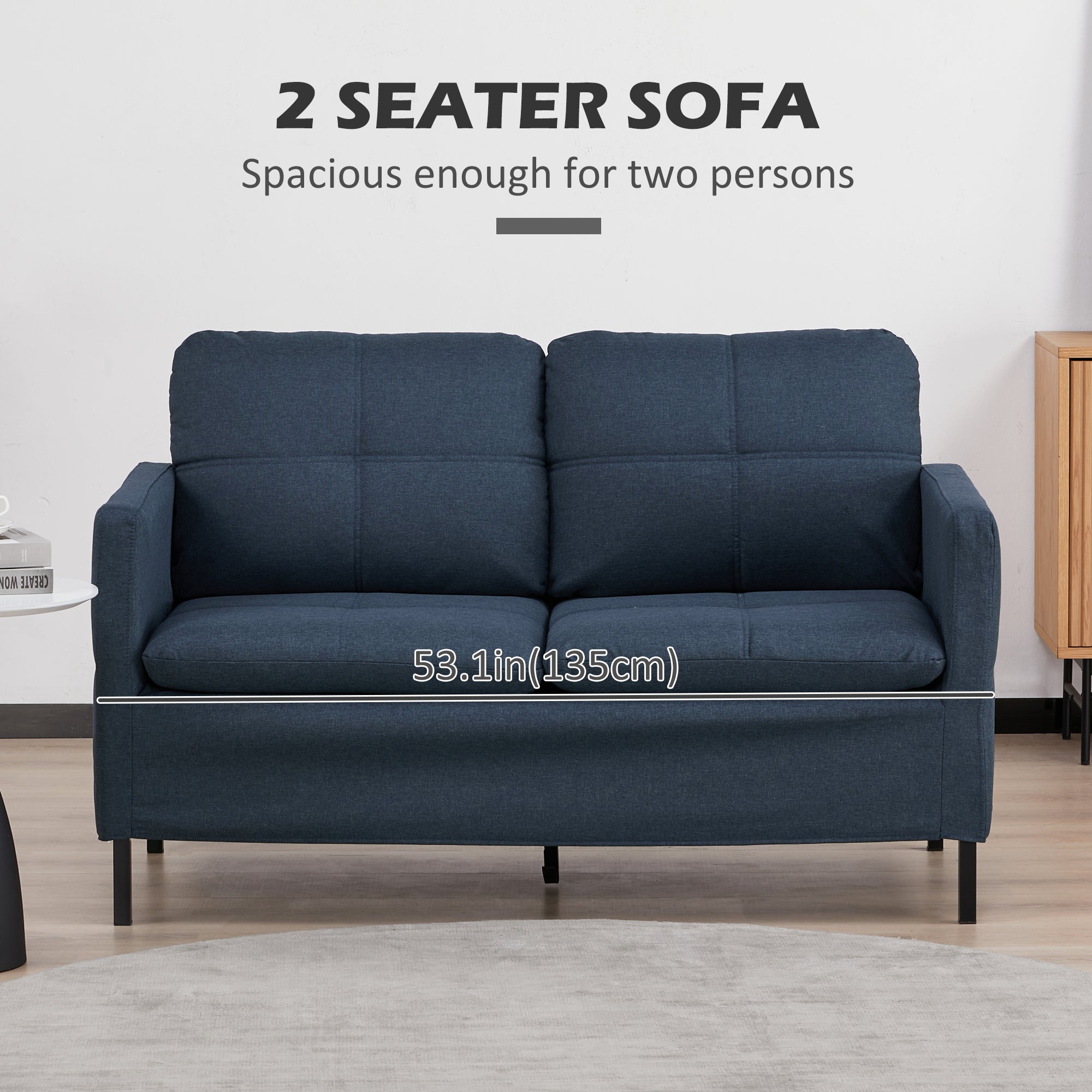 HOMCOM 53" 2 Seat Sofa, Upholstered Two Seater Couch with Sturdy Steel Legs for Bedroom, Living Room, Dark Blue 