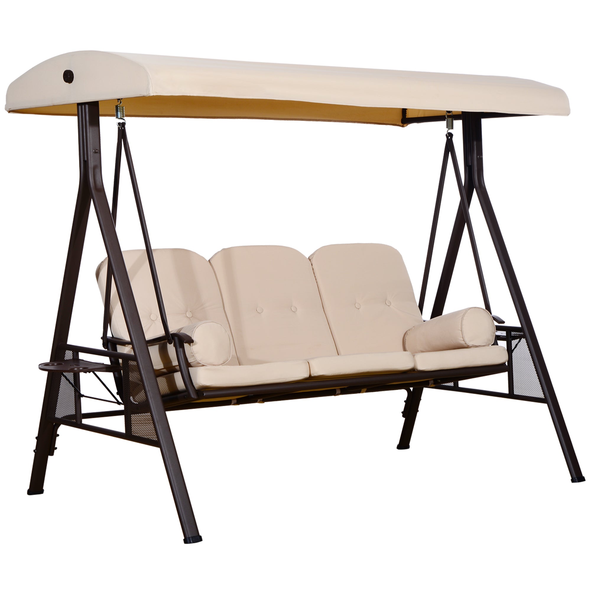 Outsunny 3 Seater Porch Swing Heavy Duty Outdoor Swing Chair Outdoor Lounge Hammock Cushioned Seat with Tilt Canopy, Beige 
