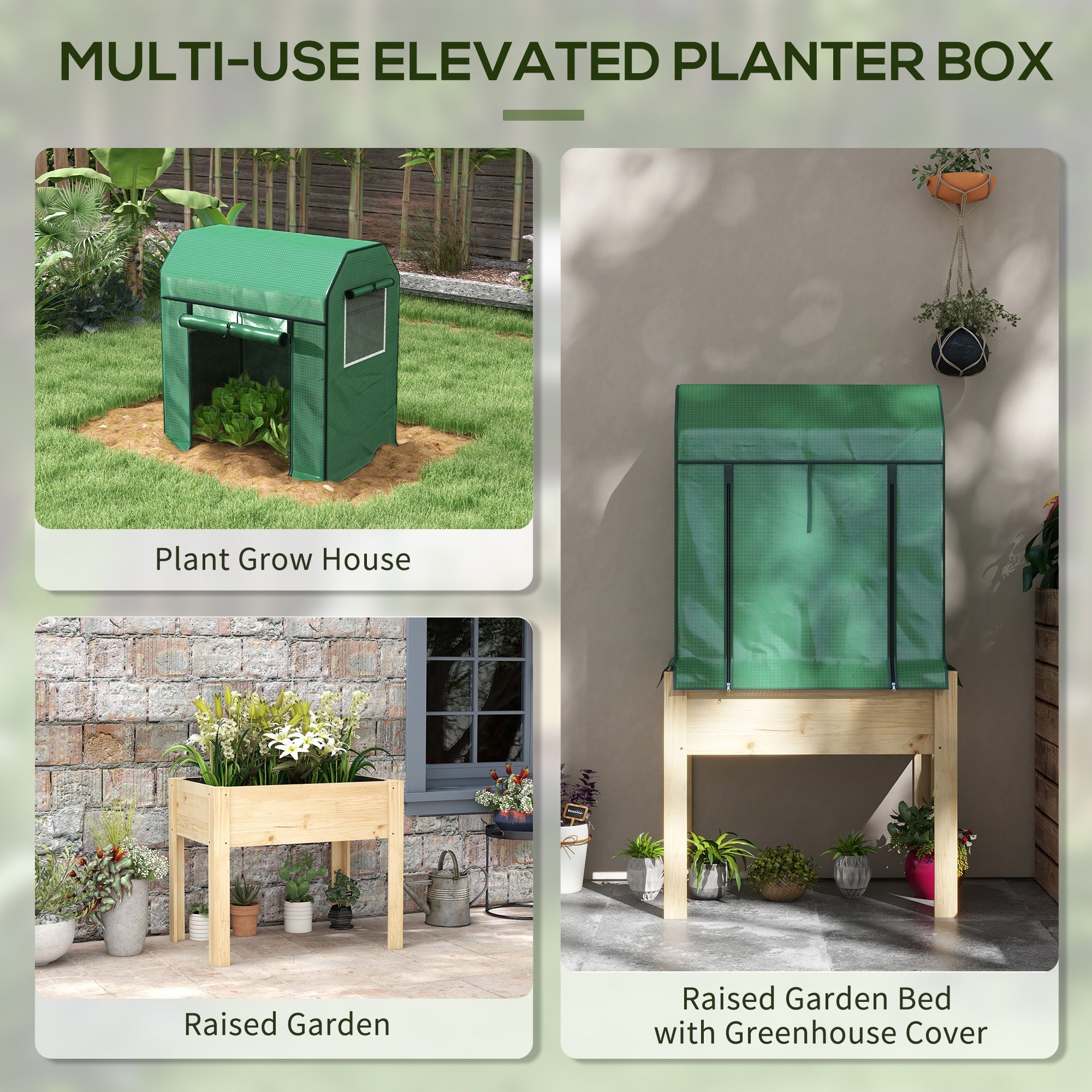 Outsunny Wooden Raised Garden Bed with PE Greenhouse Cover Liner for Vegetables Flowers Herbs Outdoor Gardening 