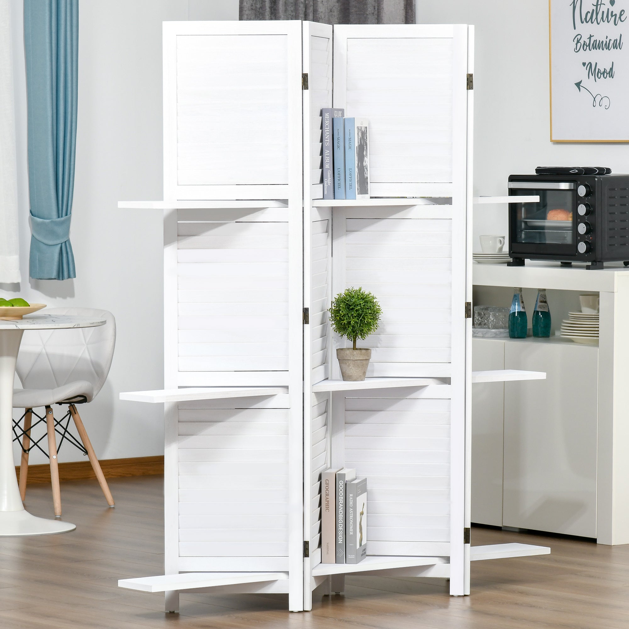 HOMCOM 5.6' 4-Panel Wood Room Divider Folding Privacy Screen Indoor Panels 3 Shelves White 