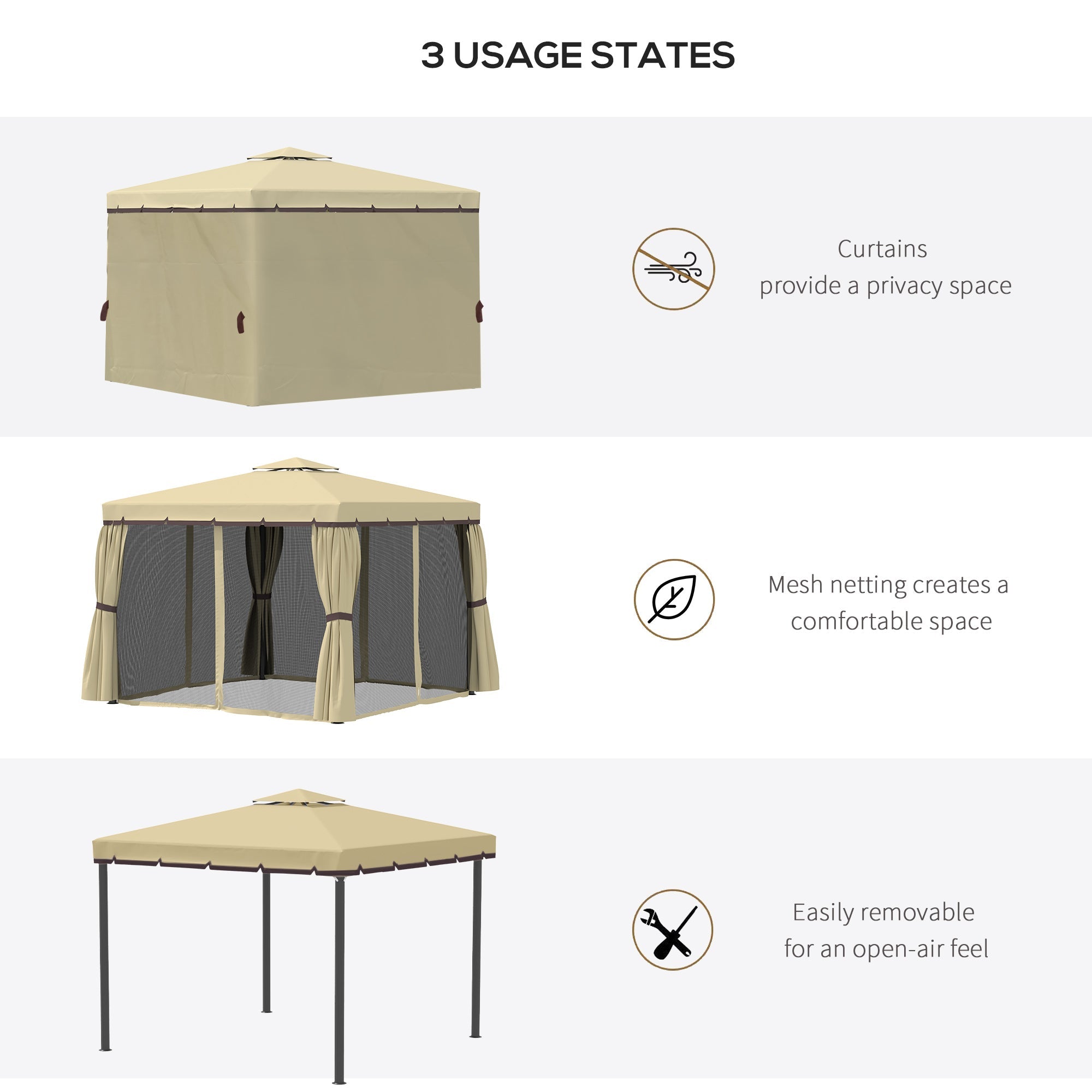 Outsunny 10' x 10' 2-Tier Outdoor Gazebo Canopy Tent with Zippered Mesh Sidewalls, Aluminum Frame for Patio, Backyard, Beige 