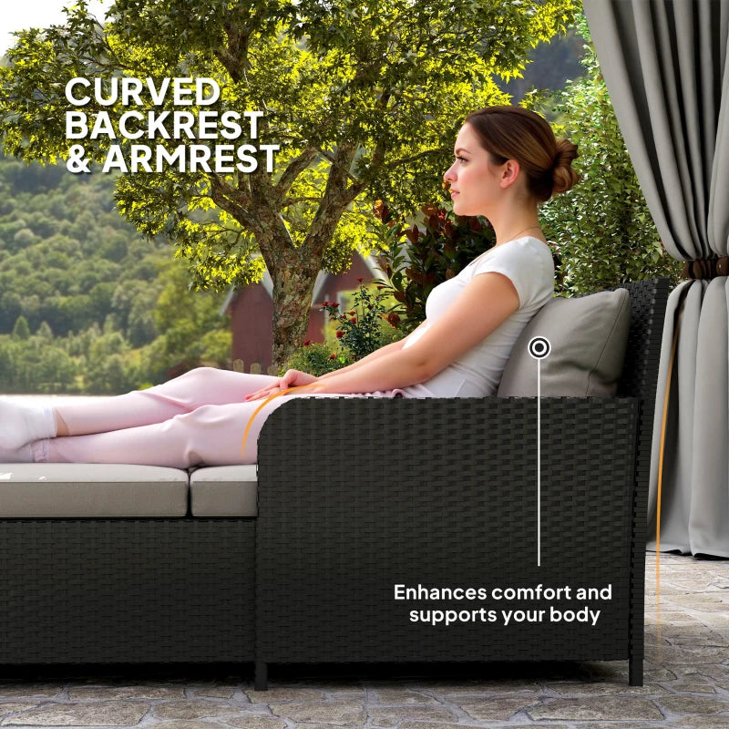 Rattan Outdoor Daybed, Sunbed Loveseat with Soft Cushions, 4 Pillows, Curved Backrest & Armrest, Light Grey