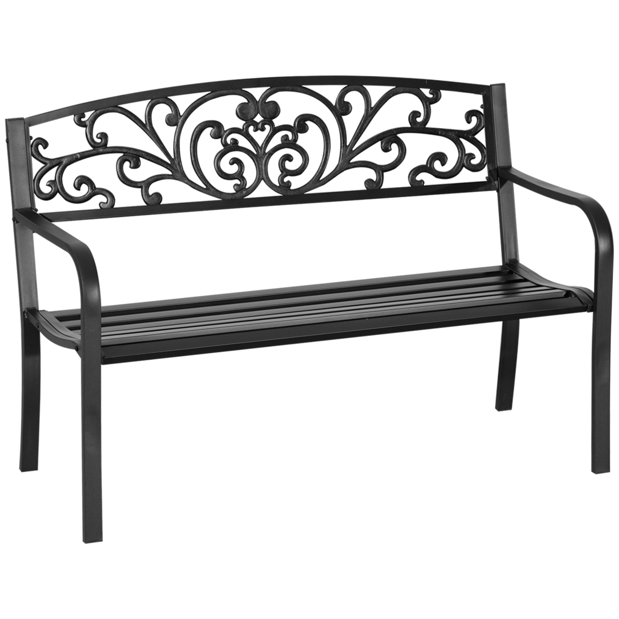Outsunny Garden Bench 50" 2-Seater Outdoor Blossoming Pattern Loveseat Elegant Black 