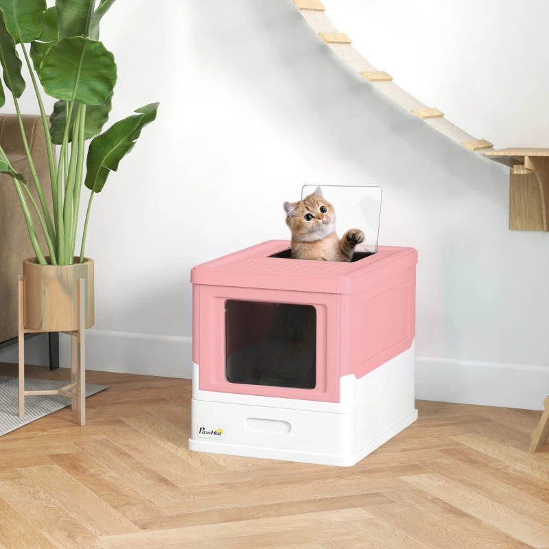 Top Entry Enclosed Kitty Litter Box with Scoop, Tray, Front Entry, Large Space, Foldable, Portable, Pink