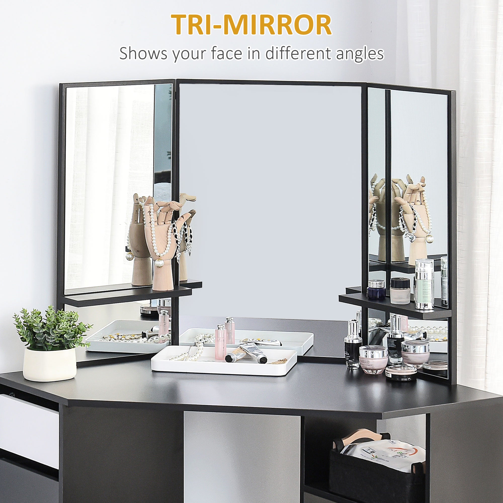 HOMCOM Corner Vanity Table Small Makeup Desk with Drawers and Mirror for Bedroom Black 